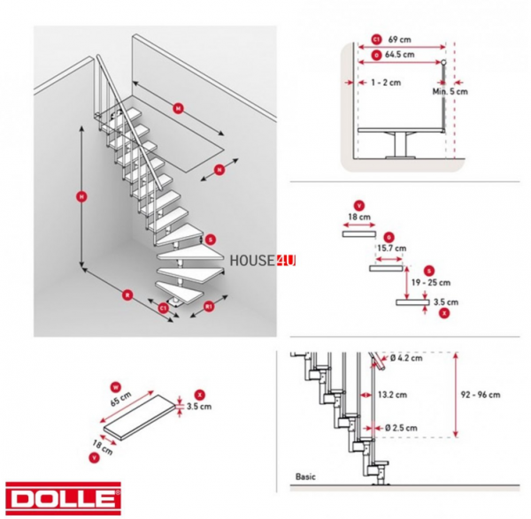 DOLLE schody policzkowe środkowe DALLAS, RAL 9005 czarny, schody systemowe wraz z poręczami, konstrukcja: prosta, stopnie 65cm, buk multiplex lakierowany 11 stopni, wysokość kondygnacji: max 300 cm, maksymalne obciążenie 200kg