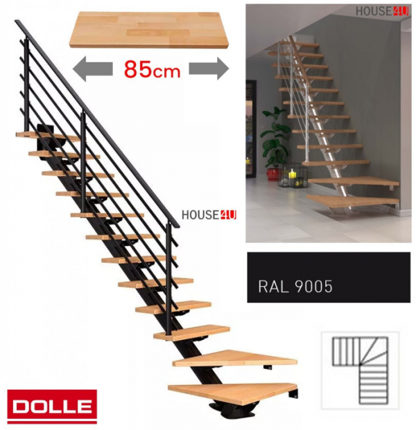 Schody policzkowe centralne DOLLE Sydney 9005 czarne 11 stopni: buk, szerokość stopni 75 cm, schody systemowe, wysokość kondygnacji: 222 - 270 cm (opcjonalnie: 12,13, MAX 315 cm), nośność: 150 kg