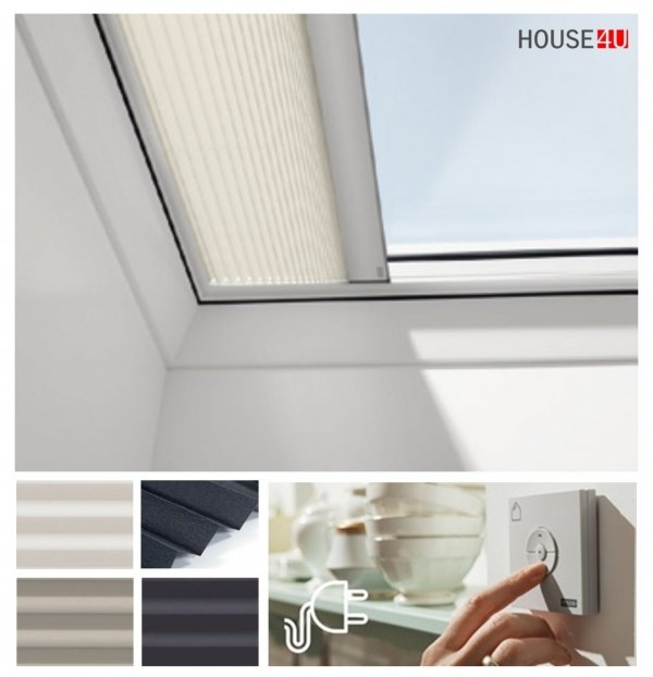 Velux Elektryczna Roleta FMG przeciwsłoneczna, plisowana do okien do dachów płaskich , zasilana elektrycznie, z radiowym przełącznikiem ściennym występująca w trzech kolorach.