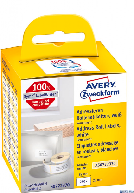 Etykiety adresowe AS0722370 28x89 260 et. x 2 w rolce do termodruku, trwałe, białe, Avery Zweckform