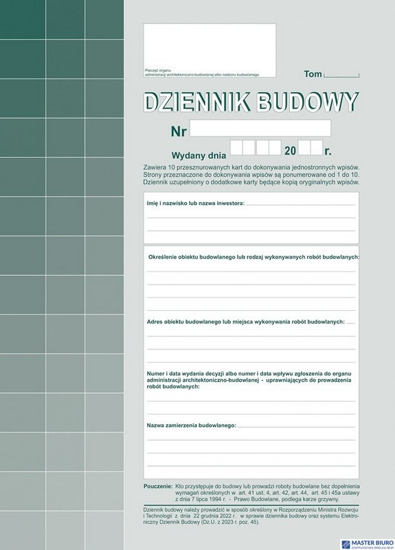 603-S11 Dziennik  Budowy A4, 20str.  (10 kompletów oryginał+kopia) samokopia Michalczyk i Prokop
