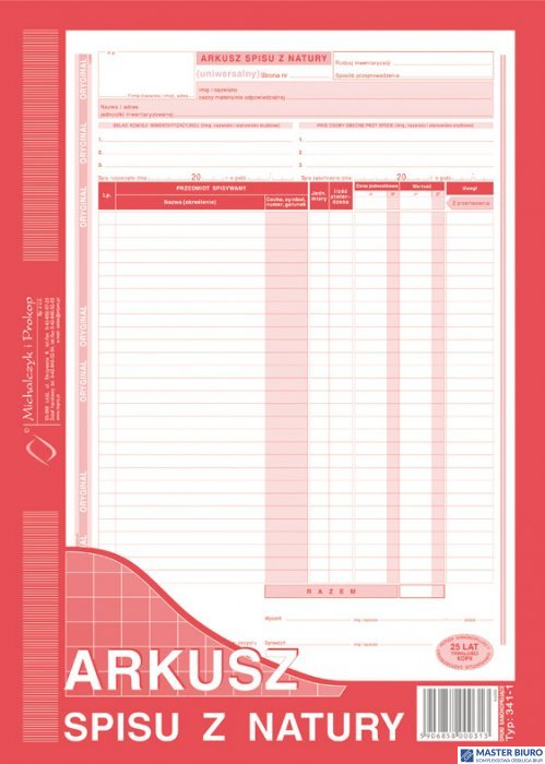 341-1 Arkusz spisu z natury MICHALCZYK&PROKOP A4 (pion) 48 kartek