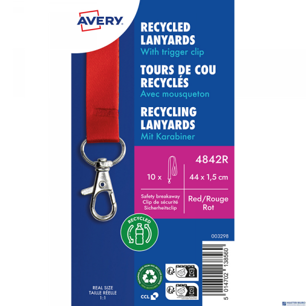 Smycz na identyfikator z recyklingowanego PET, 10 szt.; 15 x 440 mm; czerwone smycze, Avery 4842R