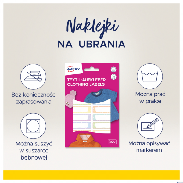 Naklejki na ubrania; 46 x 13 mm, 2 ark/36 naklejek, pastelowe, AVERY ETVET36M