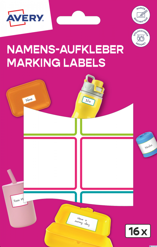 Naklejki do oznaczania; 48 x 34 mm, 16 naklejek, kolorowe ramki, AVERY NAME16C