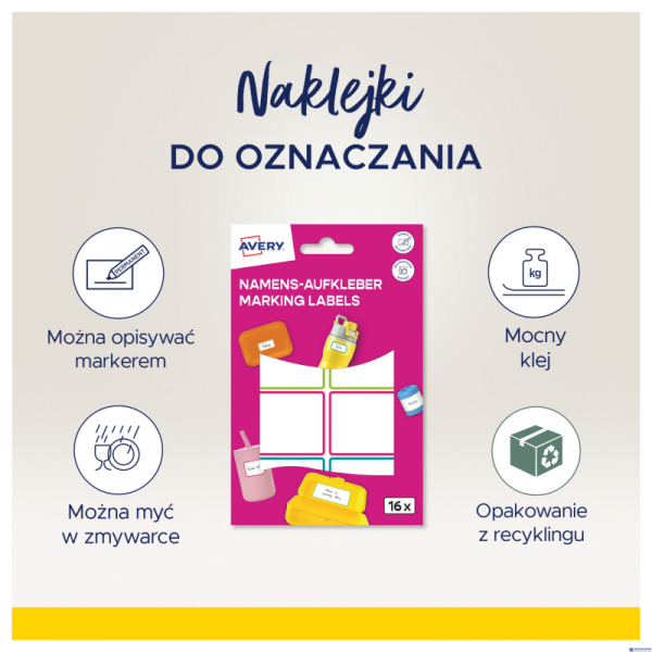 Naklejki do oznaczania; 48 x 34 mm, 16 naklejek, kolorowe ramki, AVERY NAME16C