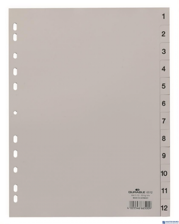 Przekładki PP A4 szare, nadr. indeks, 1-12, 1 0 części Szary 651210 DURABLE