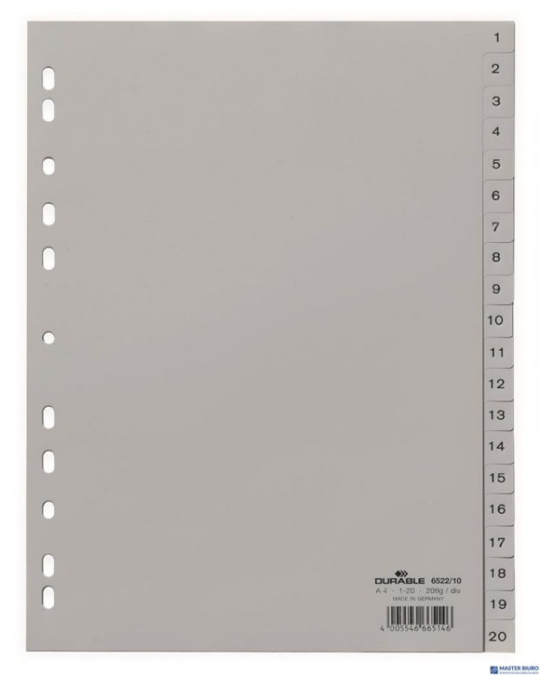 Przekładki PP A4 szare, nadr. indeks, 1-20, 2 0 części Szary 652210 DURABLE