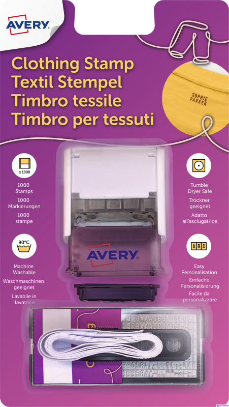 Pieczątka na ubrania, czarny tusz, 288 znaków, 1 pęseta + 1 m białej wstążki do naprasowania (dla ciemnych tkanin), AVERY