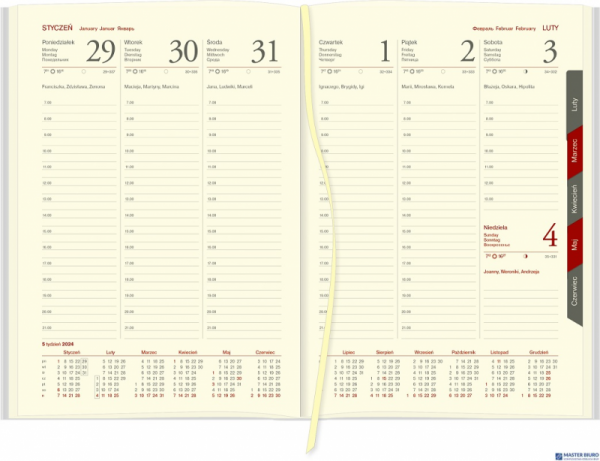 Kalendarz Cross z gumką i ażurową datówką A5 tygodniowy p. kremowy Nr kat. 204 A5TRK czerwony 2024 WOKÓŁ NAS