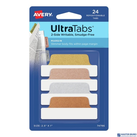 Zakładki indeksujące Ultra Tabs 63,5 x 25,4 mm, metaliczne zakładki indeksujące 24 szt., Avery 74786