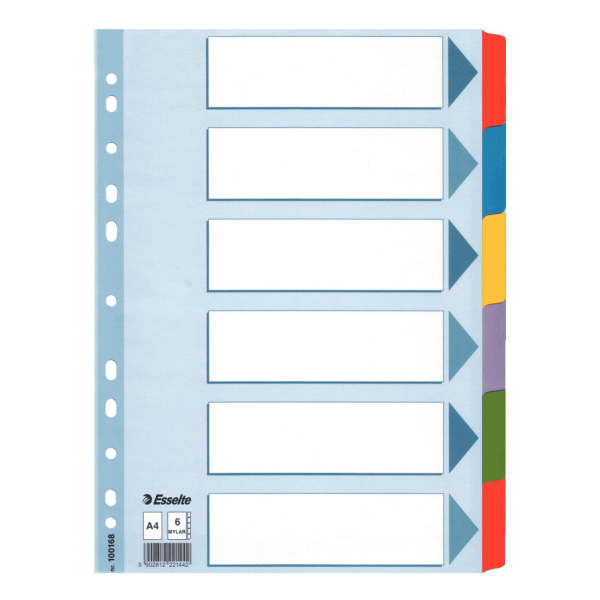 Przekładki, kolorowy karton, karta opisowa Mylar A4, Esselte, 6 kart, , 100168 (X)