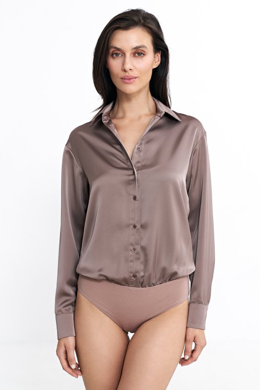 Nife Satynowa koszula body - mocca - K80
