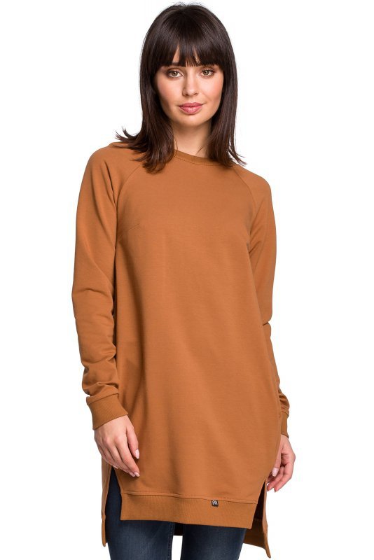 BeWear B101 Bluza - tunika z rozcięciami po bokach - karmel