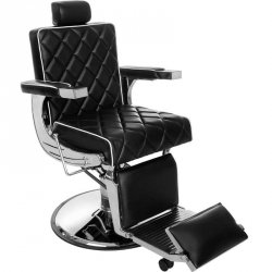 FOTEL BARBERSKI PRIMUS CZARNY/WSTAWKI BIAŁE/BAZA CHROM Z NAKŁADKĄ CZARNĄ (BARBER BY AYALA)