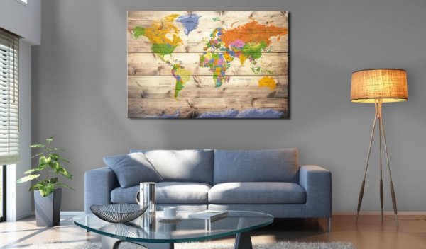 Obraz na korku - Mapa na drewnie: Kolorowe podróże [Mapa korkowa]