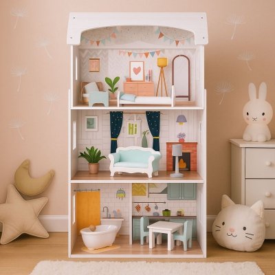 Domek dla lalek Alice 3 piętra 4 pomieszczenia komplet 9 mebelków ECOTOYS