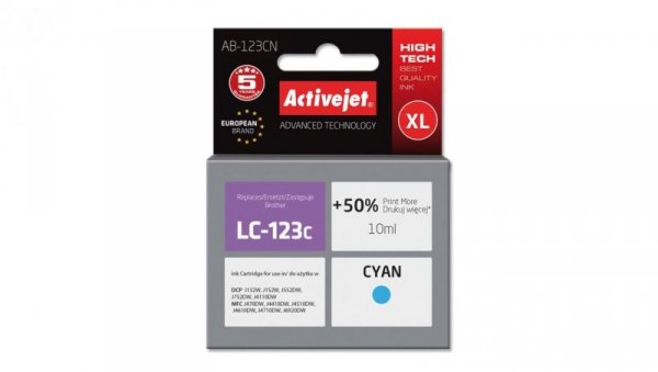 Tusz Activejet AB-123CN (zamiennik Brother LC123C/121C Supreme 10 ml niebieski)