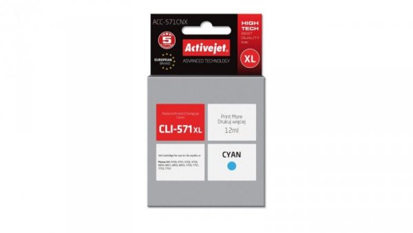 Tusz Activejet ACC-571CNX (zamiennik Canon CLI-571C XL Supreme 12 ml niebieski)