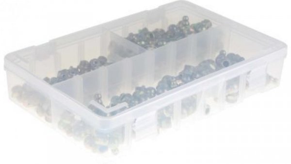 Zestaw smarowniczki, w zestawie: H1 proste 10 x 1 mm (x50) H2-45 10 x 1 mm (x50) H3-90 10 x 1 mm (x50) pudełko