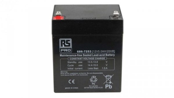 Akumulator kwasowo-ołowiowy, AGM, 5Ah, 12V, RS PRO