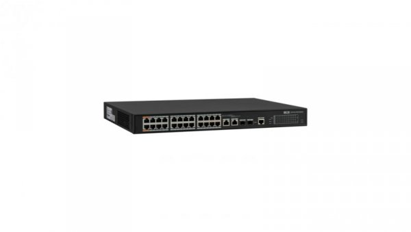 26 portowy zarządzalny Switch (PoE), 24 portów PoE 100Mbps, 2 porty RJ45 uplink Gigabit, 2 porty światłowodowe SFP Gigabit