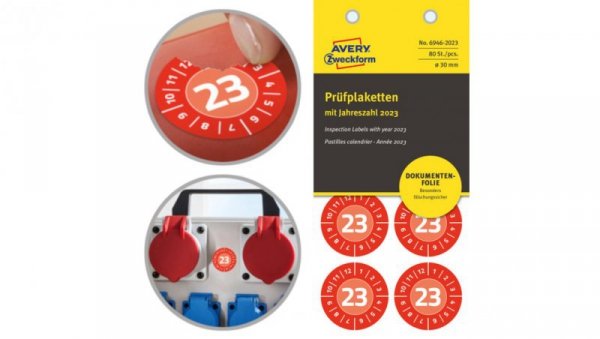 Etykiety tabliczki inspekcyjne 2023 rok czerwone winylowe fi: 30 mm 80 etykiet na 10 arkuszach NoPell AVERY Zweckfrom 6946-2023