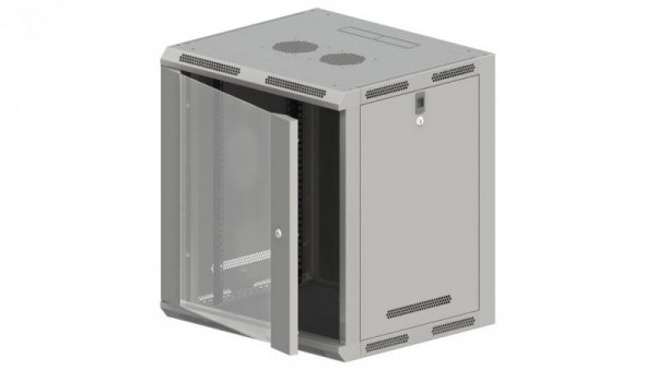 Szafa rack wisząca 19 cali 15U 600x600, niedzielona, drzwi szklane, kolor szary FLAT PACK
