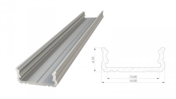 Profil ALU nawierzchniowy 6,1mm, anodowany srebrny, dł. 1000mm, max. szer. taśmy 12mm