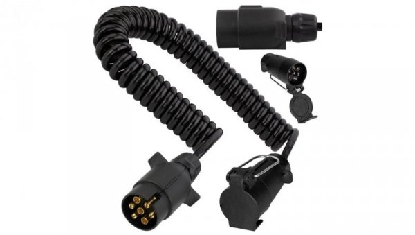 Przedłużacz spiralny QLY-s kabel do przyczepy zakończony plastikowymi złączami 7-pin 12V (gniazdo podwieszane / wtyk) 5m
