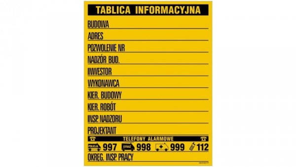ZNAK - OA092 Budowlana tablica informacyjna (w jednym kolorze) 70 x 90 cm BN - Płyta żółta 0,6mm
