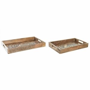 zestaw tacek DKD Home Decor 2 Sztuk Brązowy Ceimnobrązowy Drewno mango (2 Sztuk)