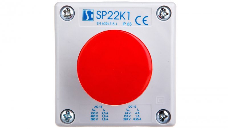 Kaseta sterownicza 1-otworowa przycisk grzybkowy czerwony 1R szara IP65 SP22K104-1