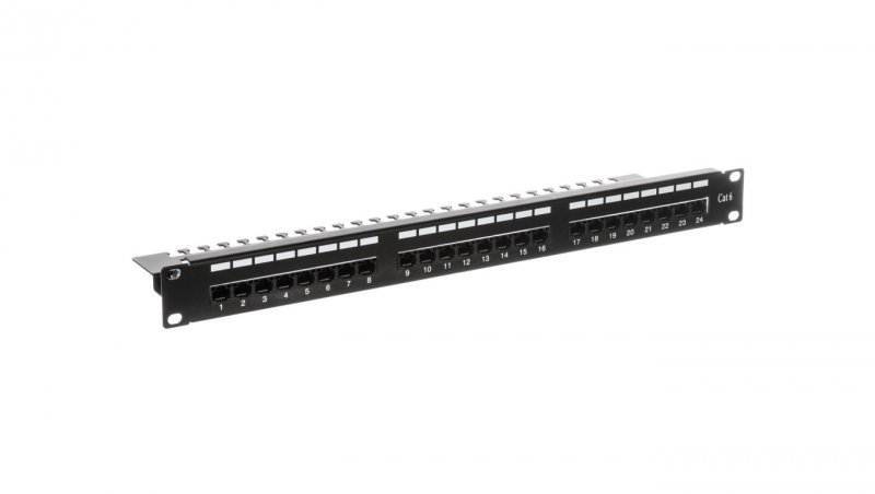 Patch panel kompletny 19 cali 24x RJ45 U/UTP kat. 6 1U z tacką czarny (RAL 9005) DN-91624U-EC