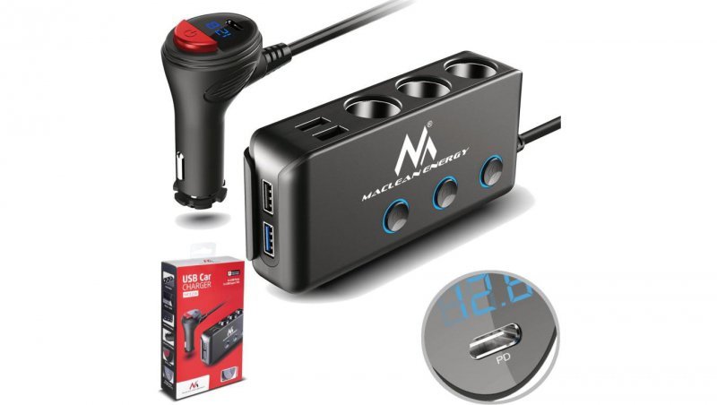Rozdzielacz gniazda zapalniczki samochodowej Maclean MCE218, woltomierz, 3 gniazda zapalniczki, 1xQC 3.0, 3xUSB 6,8A, 1xPD 18W M
