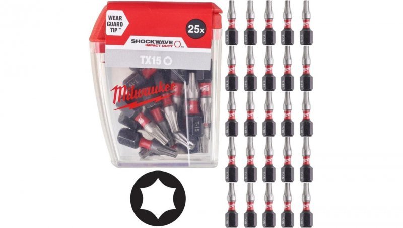 Bity udarowe do wkrętarki TORX TX15 25mm 1/4 SHOCKWAVE 25szt MILWAUKEE