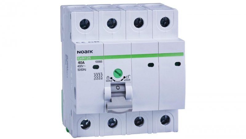 Rozłącznik izolacyjny 40A 3-biegunowy 4P (400V AC) 4-modułowy z blokadą OFF NOARK