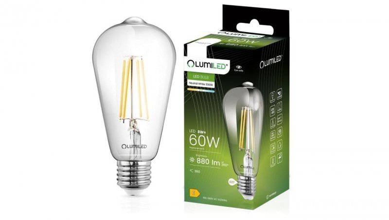 Żarówka LED E27 ST64 8W = 60W 880lm 3000K Ciepła 360 Filament LUMILED