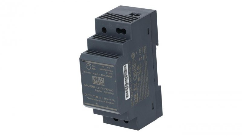 Zasilacz na szynę DIN 15V 2A 30W uniwersalny SLIM (2-modułowy) HDR Mean Well