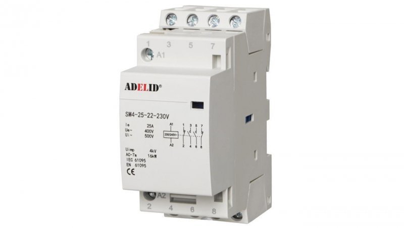 Stycznik modułowy cewka 25A 230V AC 2xNO TH35 ADELID