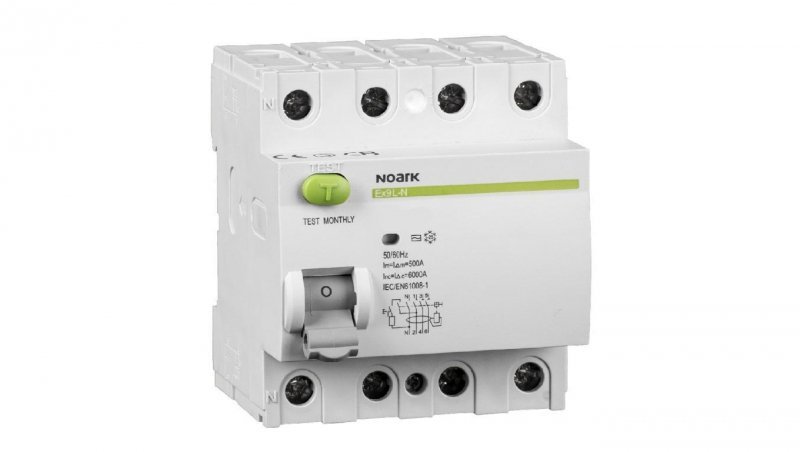 Wyłącznik różnicowoprądowy RCD 3-fazowy 16A 30mA typ A 4-biegunowy 4P (400V AC) 4-modułowy NOARK