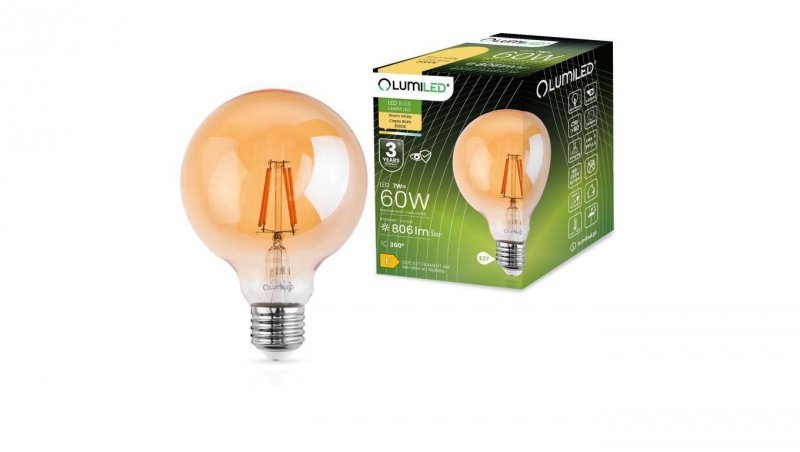 Żarówka Dekoracyjna Kulista LED E27 G125 7W 806lm 2000K Ciepła 360 Filament LUMILED Globe Amber