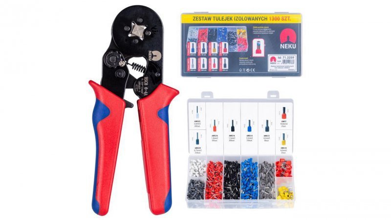 Zaciskarka Praska do tulejek kablowych 0,25-10mm2 z matrycą czworokątną NEKU + zestaw tulejek izolowanych DIN 0,5-10mm2 1300szt.