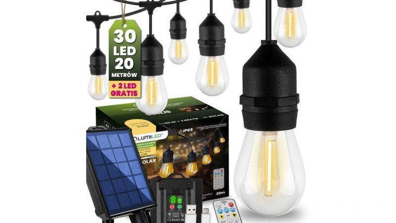 Girlanda Solarna Ogrodowa 30x LED Ozdobne Żarówki 20m + PILOT IP65 2700K Ciepła SOLLIS LUMILED
