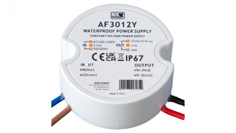 Zasilacz LED 30W 12V/2.5A okrągły do puszki IP67 AF3012Y MW POWER