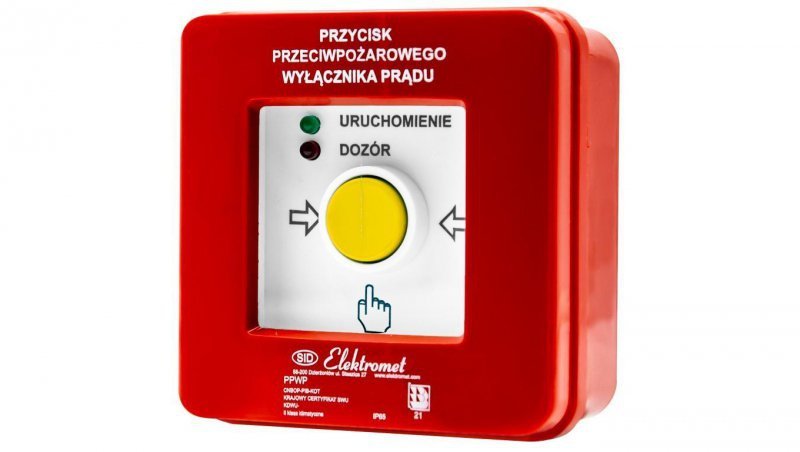 Przycisk ppoż wyłącznika prądu n/t 2 tory prądowe 12A, NC-NO, diody czerwona/zielona PPWP-1 B