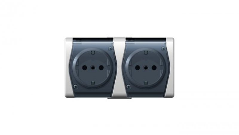 Hermes2 Gniazdo hermetyczne podwójne z/u 16A SCHUKO IP44 z klapką biało-dymne 1025-01