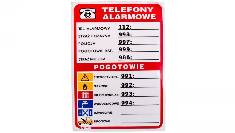 Tabliczka ostrzegawcza /Telefony alarmowe 210x150/ 93/210X150/F