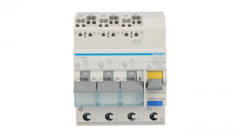 Wyłącznik różnicowonadprądowy 3x1P+N C 10A 0,03A Typ A 6kA RCBO ADZ360D