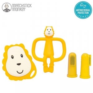 Zestaw szczoteczek i gryzaków dla dziecka - Lew - Matchstick Monkey Teething Starter Set Yellow Lion Teething Starter Set Lion Ludo